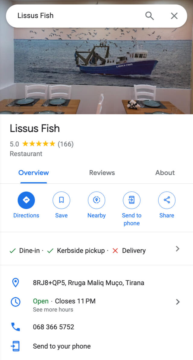 Fish Restaurant in the center of Tirana in googlemaps